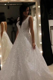 A-line V-neck Sparkly Wedding Dress, Sequin Backless Prom Wedding Dress PW290