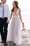 a line sheer round neck illusion back tulle beach wedding dress