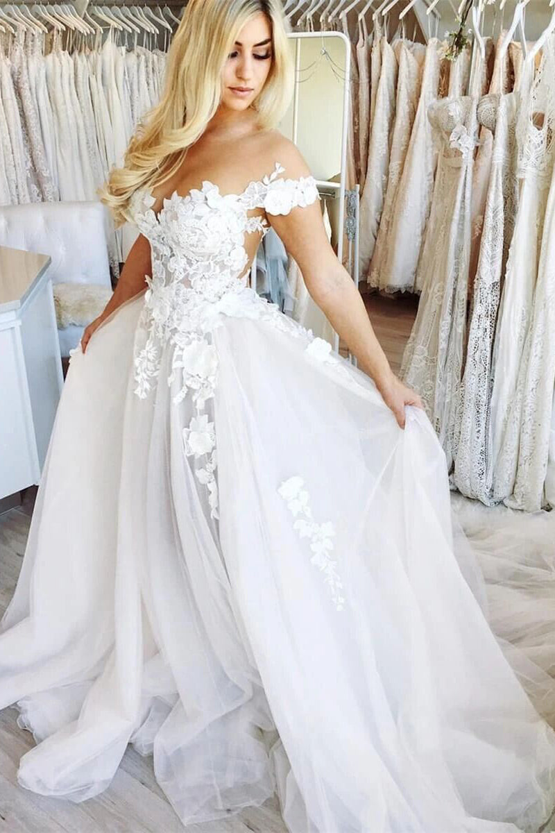 Off Shoulder Lace Appliques Tulle Wedding Dresses A Line Long Bridal Dresses GW692
