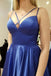 simple blue long prom dress a line satin pockets evening gown