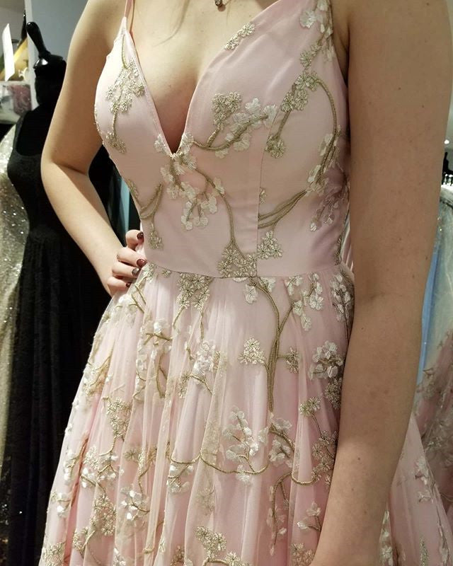 a line v neck applique long prom dress floor length graduation gown