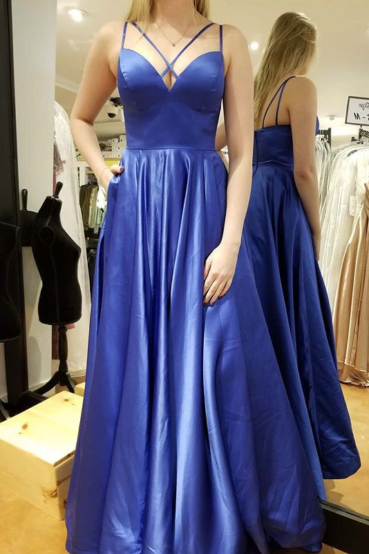 simple blue long prom dress a line satin pockets evening gown