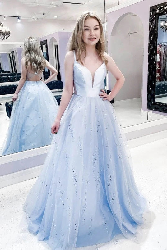 a line v neck light blue long prom dress sparkle graduation dress