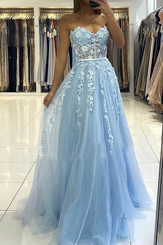 a line sweetheart long prom dress with appliques light blue graduation gown