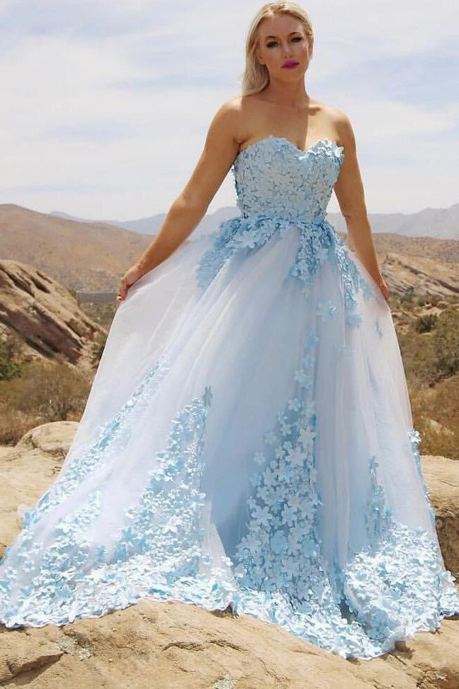 sweetheart light sky blue tulle applique long formal prom dress