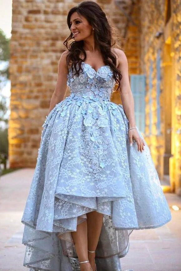 a line sweetheart high low lace prom dress with handmade flower