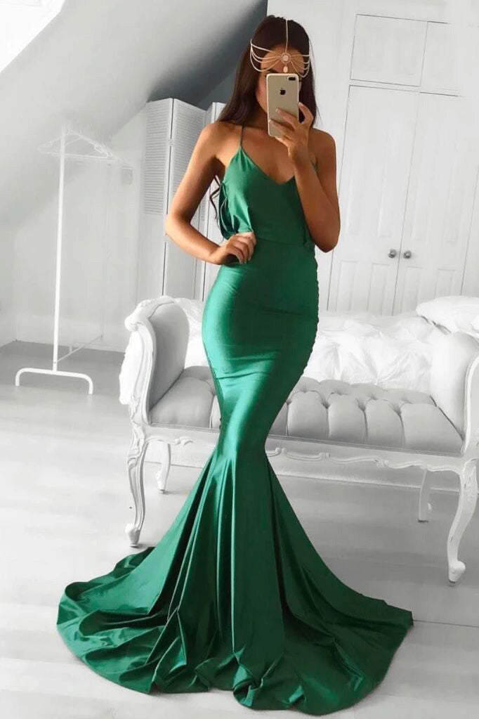 Backless Drapped Low Back Emerald Green Mermaid Prom Dresses MP07