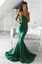 Backless Prom Dress Drapped Low Back Emerald Green Mermaid Evening Dress MP07