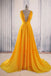 A-line Yellow Long Prom Gown Cross-Back Chiffon Evening Dress MP95