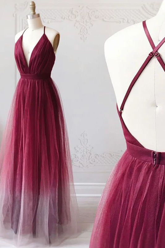 Burgundy v-neck tulle ombre long prom dresses backless evening dress mg263