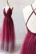 Burgundy v-neck tulle ombre long prom dresses backless evening dress mg263