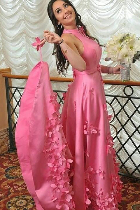 A-line Halter Light Plum Long Prom Dresses With Handmade Flowers MP159