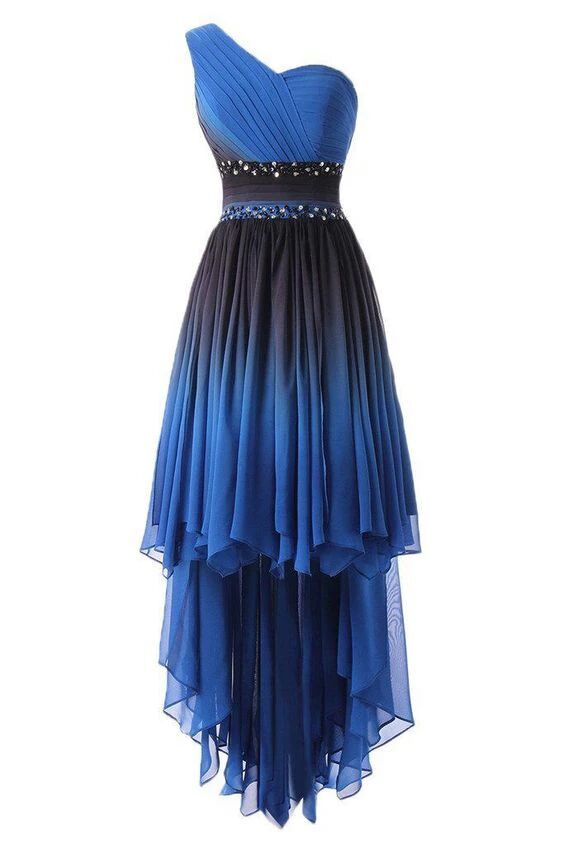 one shoulder high low blue ombre prom dresses with beading