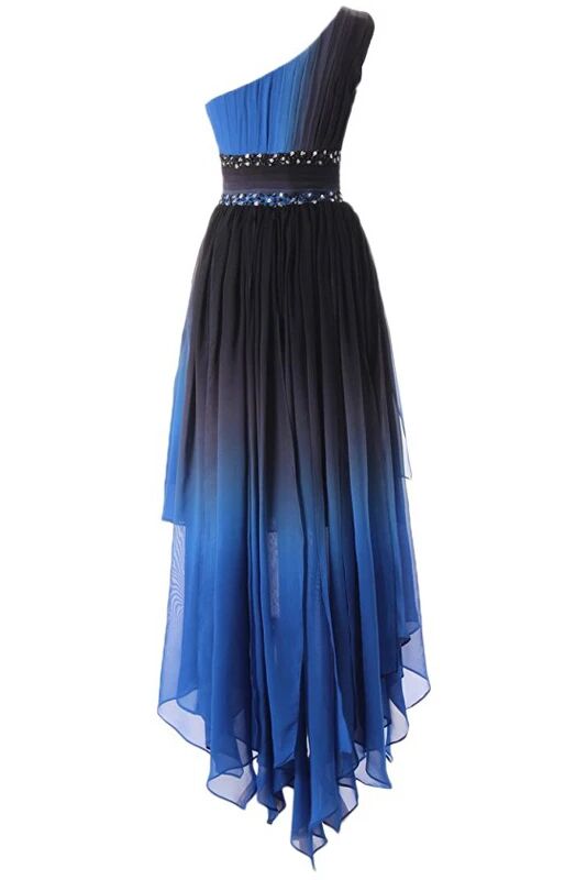 one shoulder high low blue ombre prom dresses with beading