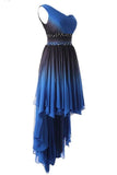 one shoulder high low blue ombre prom dresses with beading