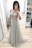 a line v neck beading tulle long prom dress with half sleeves