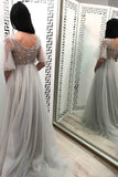 a line v neck beading tulle long prom dress with half sleeves