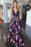 a line backless prom dress florals printed black long evening dress