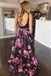 a line backless prom dress florals printed black long evening dress