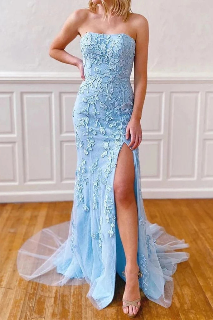 Sky Blue Strapless Mermaid Prom Dress, Long Formal Evening Dress MP02
