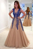 Stunning A-Line V-Neck Backless Tulle Long Prom Dress With Beading MP1018