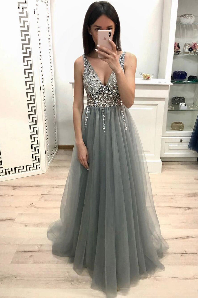 Sparkly A-line V-neck Beading Dusty Grey Long Prom Party Dresses MP46