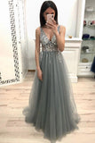 Sparkly A-line V-neck Beading Dusty Grey Long Prom Party Dresses MP46