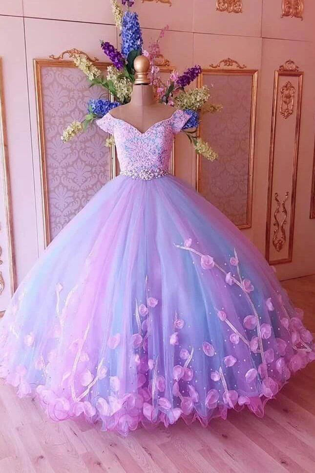 Princess Quinceanera Dress Puffy Tulle Lace Ball Gown Prom Dress With Appliques MP123
