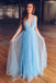 sparkly light blue a line tulle prom dress deep v neck long formal dress
