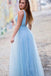 sparkly light blue a line tulle prom dress deep v neck long formal dress