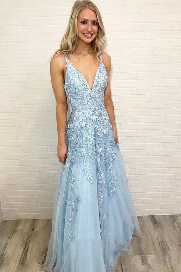 sky blue prom dress long v neck with lace appliques tulle party dress
