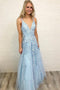 Sky Blue Prom Dress Long V-neck With Lace Appliques Tulle Party Dress MP1177
