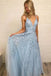 sky blue prom dress long v neck with lace appliques tulle party dress