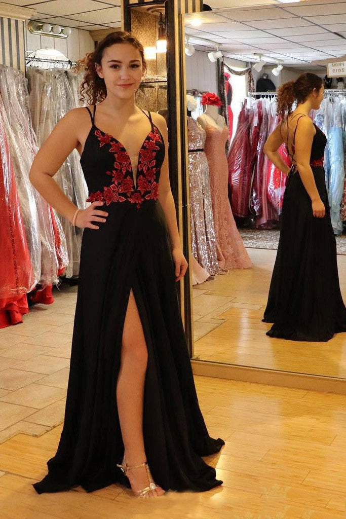 backless long prom dress with red appliques black long evening gown