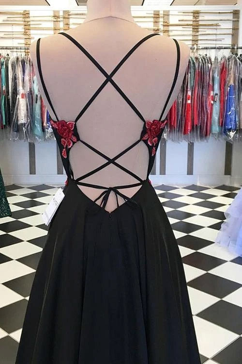 backless long prom dress with red appliques black long evening gown