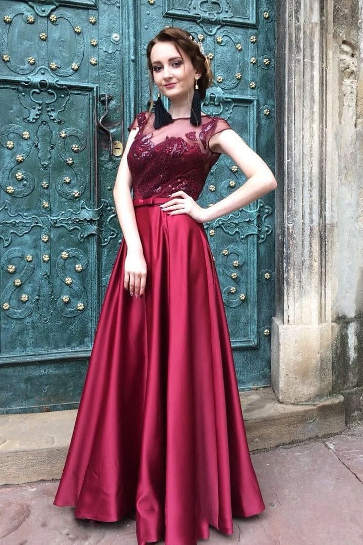 Burgundy Long Prom Dress Satin Cap Sleeves Illusion Bateau Party Dress MP794