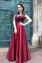 Burgundy Long Prom Dress Satin Cap Sleeves Illusion Bateau Party Dress MP1181