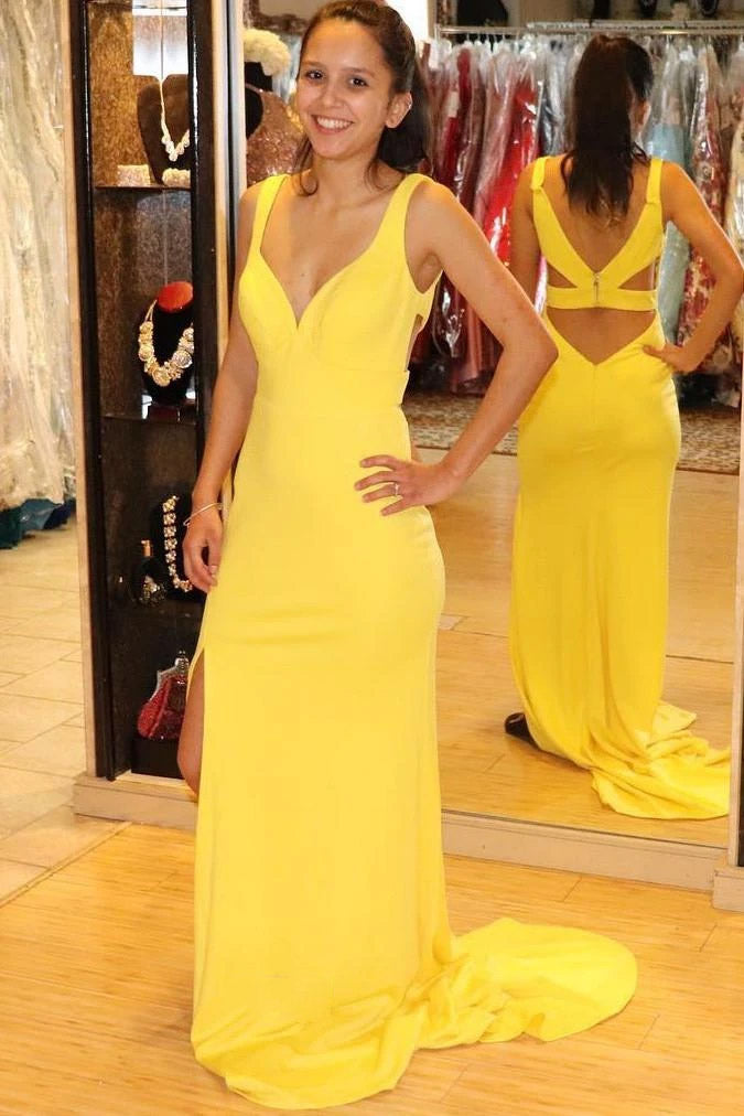 simple yellow sheath long prom dress cut out back evening gown with split