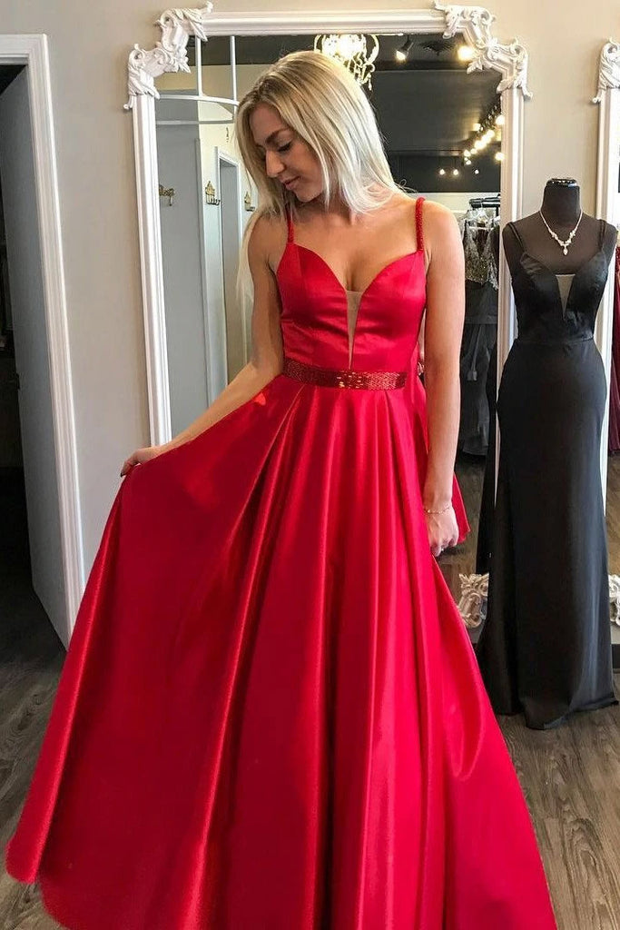 red a line satin v neck long prom party dresses with beaded