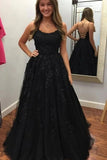 Spaghetti-straps Tulle Black Long Prom Dresses With Appliques MP138