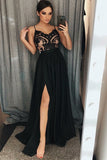 Spaghetti Straps Black Prom Dress With Lace, A-Line Long Slit Evening Dress MP1030