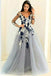 a line princess v neck tulle appliques prom dress with long sleeves