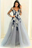 a line princess v neck tulle appliques prom dress with long sleeves
