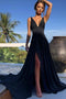 Simple A-line V-neck Long Black Prom Dress, Black Evening Dress With Split MP12