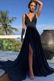 Simple A-line V-neck Long Black Prom Dress, Sexy Evening Dress With Split MP12