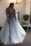 A-line V-neck 3D Appliques Beaded Tulle Long Plus Size Prom Dress MP1207
