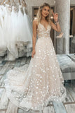a line v neck sleeveless tulle appliques lace wedding dress with train