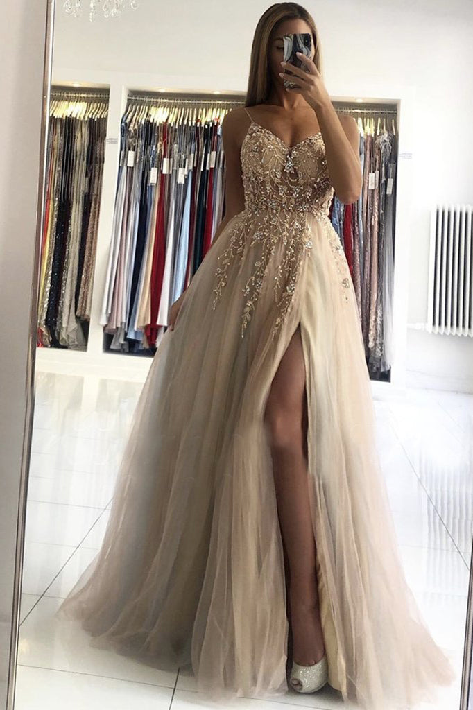 a line v neck beads sleeveless tulle long prom dress with slit