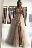 A line V-neck Beads Sleeveless Tulle Long Prom Dress With Slit MP1224