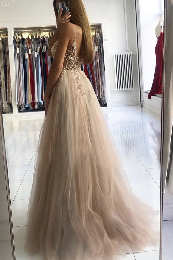 a line v neck beads sleeveless tulle long prom dress with slit